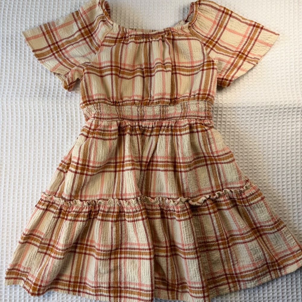 Cat & Jack Girls Plaid Smocked Waist Tiered Dress Pink Brown L 10/12 - Picture 1 of 5